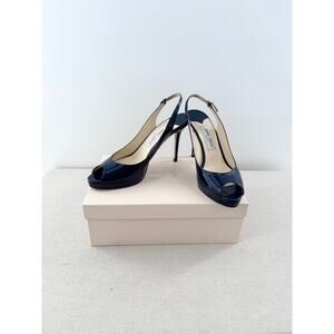 Jimmy Choo Patent Leather Peep-Toe Slingback Platform Heels Navy Blue EU 40.5